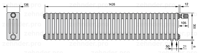 Схема (чертеж) Радиатор Zehnder Charleston 4030/31 №V002 Белый глянцевый RAL 9016
